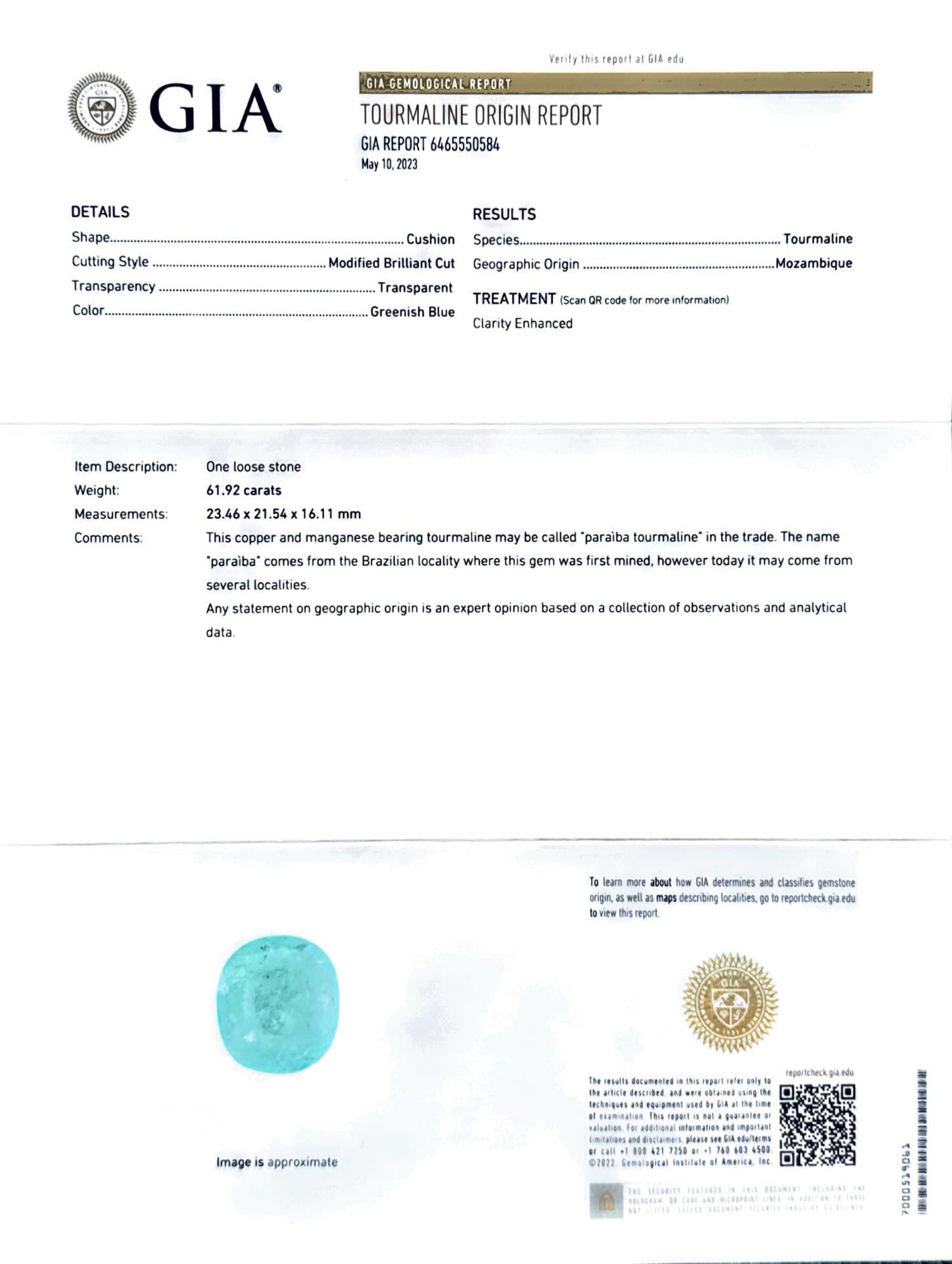 61.92 CT NEON BLUE NATURAL PARAIBA TOP QUALITY
