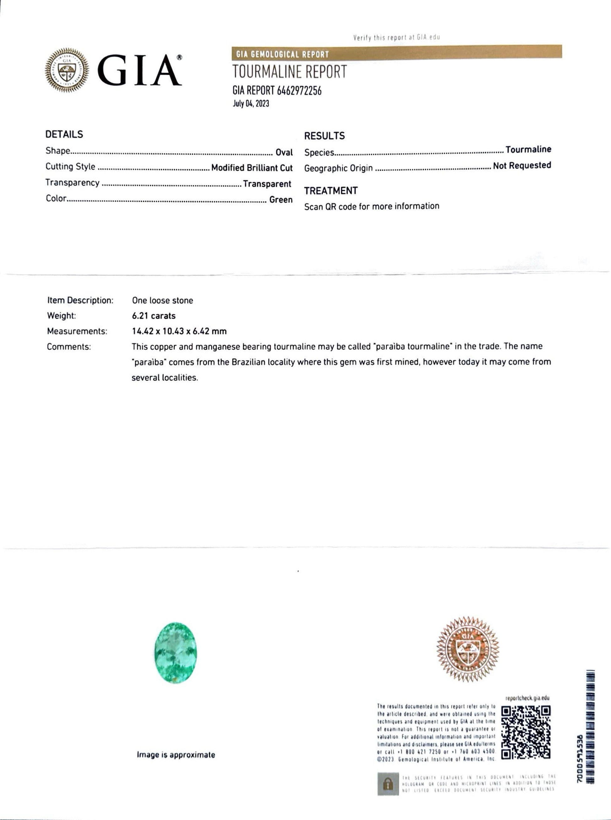 6.21 CT GREEN FINE QUALITY PARAIBA
