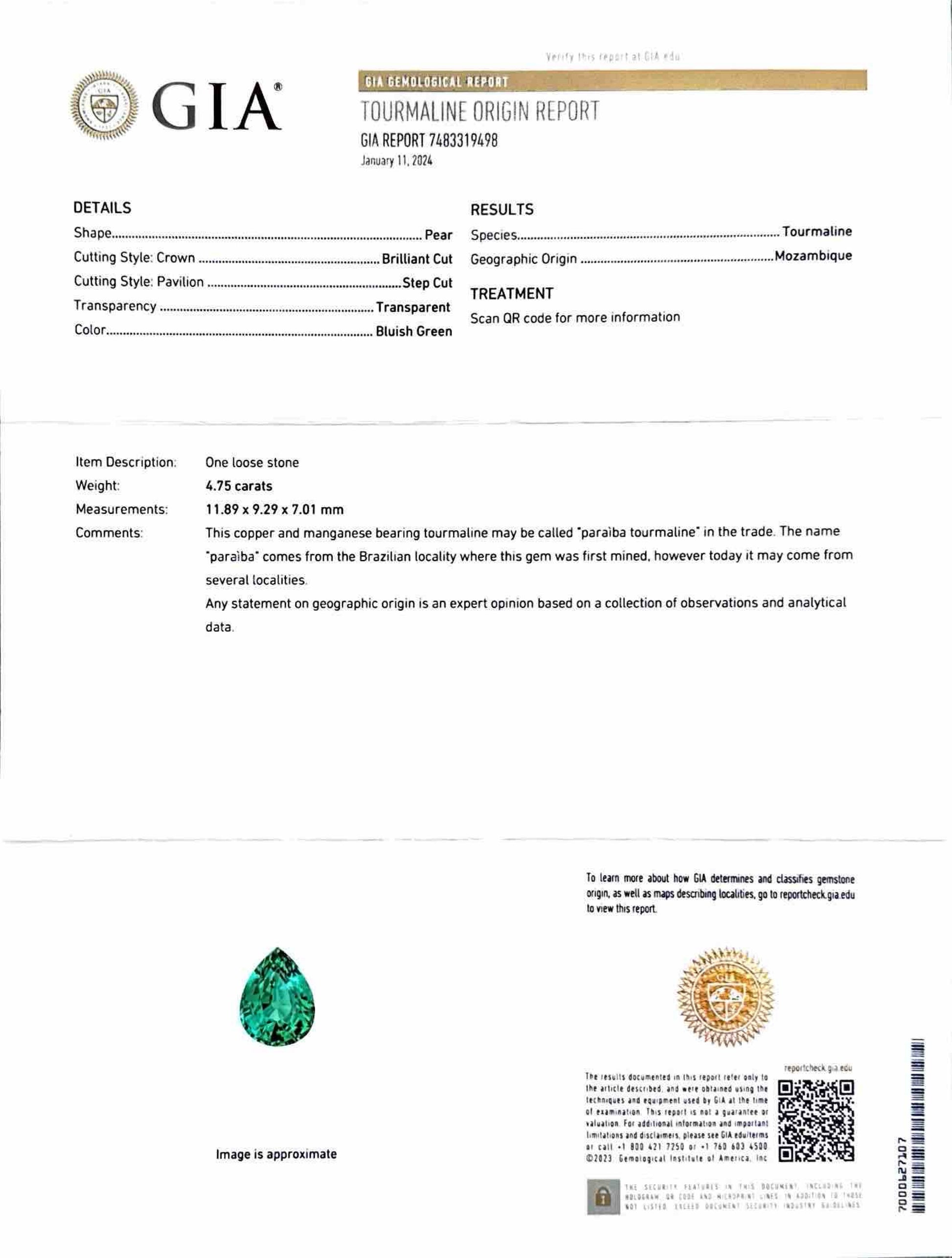 4.75 CT BLUISH GREEN FINE QUALITY PARAIBA