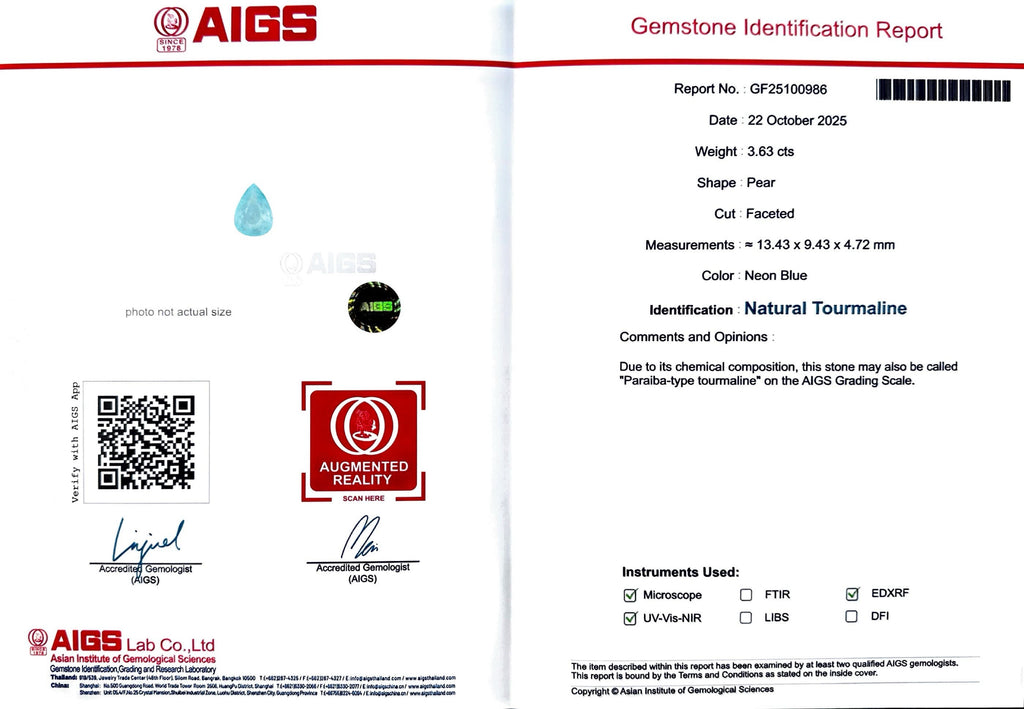 3.63 CT NEON BLUE NATURAL PARAIBA FINE QUALITY