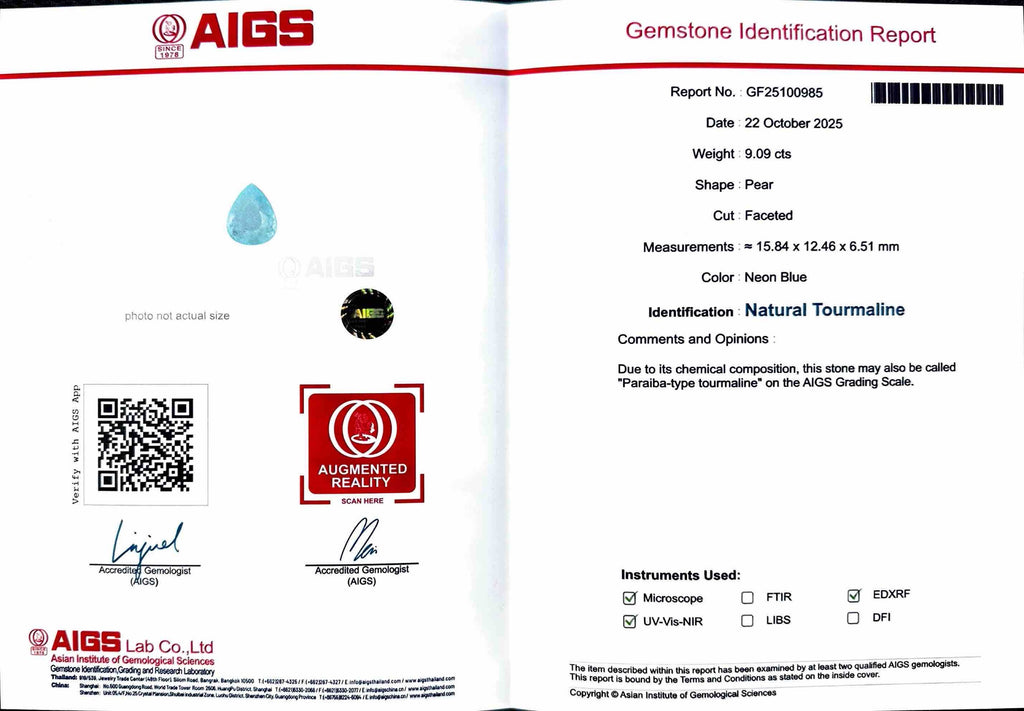 9.09 CT NEON BLUE NATURAL PARAIBA FINE QUALITY