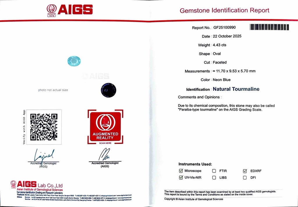 4.43 CT NEON BLUE NATURAL PARAIBA FINE QUALITY