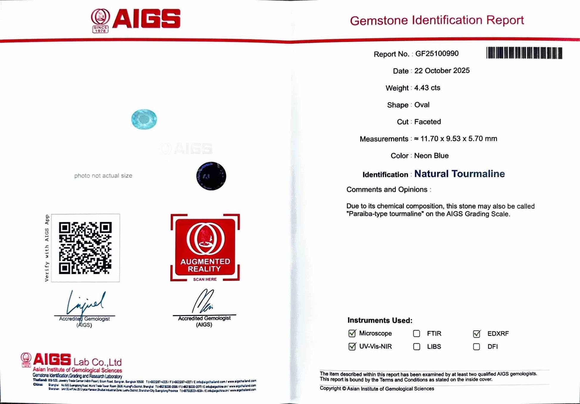 4.43 CT NEON BLUE NATURAL PARAIBA FINE QUALITY