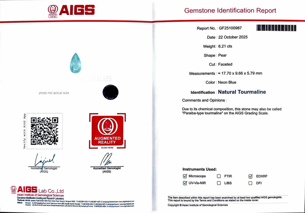 6.21 CT NEON BLUE NATURAL PARAIBA FINE QUALITY