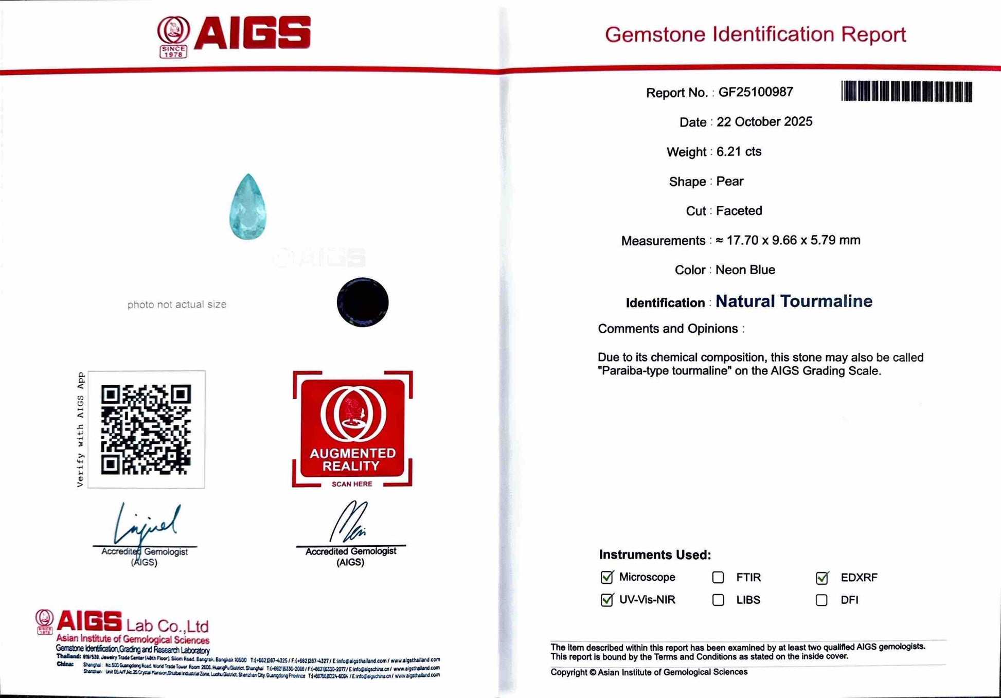 6.21 CT NEON BLUE NATURAL PARAIBA FINE QUALITY