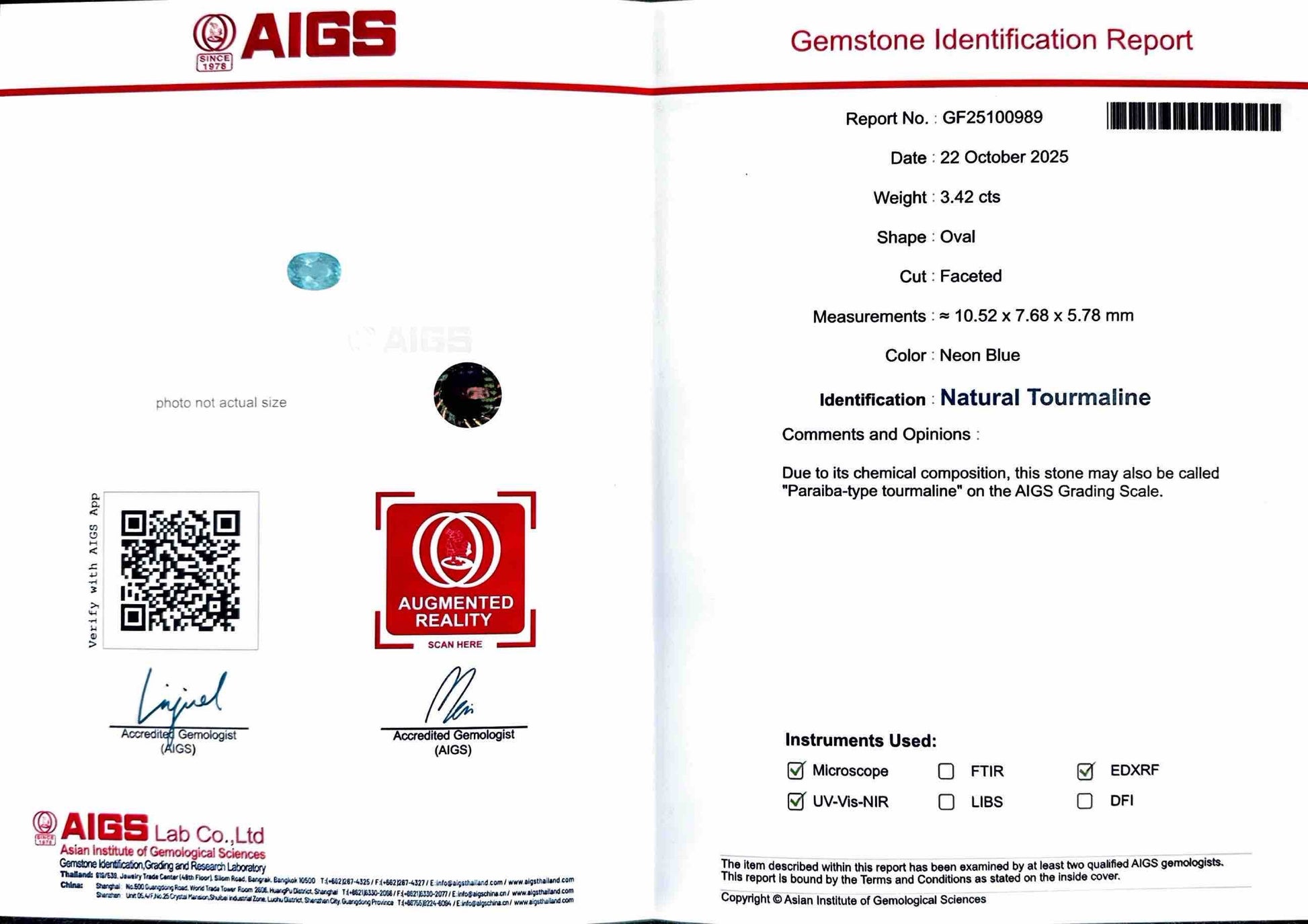 3.42 CT NEON BLUE NATURAL PARAIBA FINE QUALITY