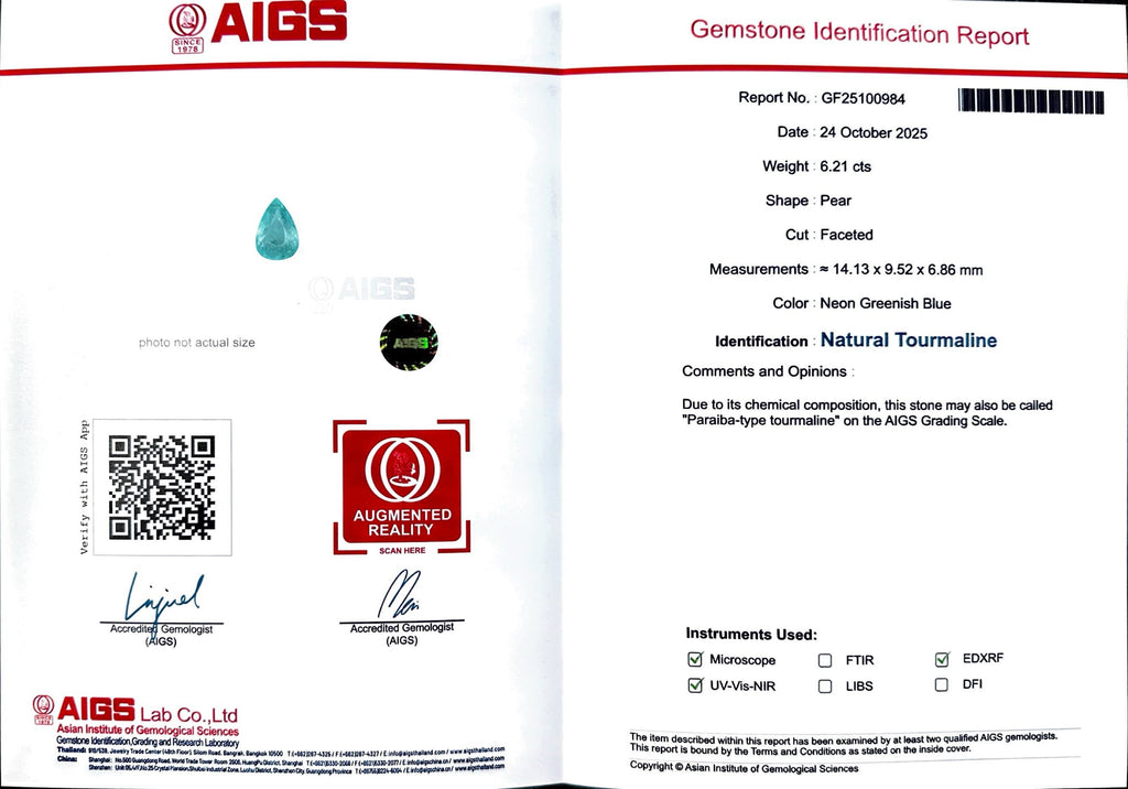 6.21 CT NEON GREENISH BLUE NATURAL PARAIBA FINE QUALITY