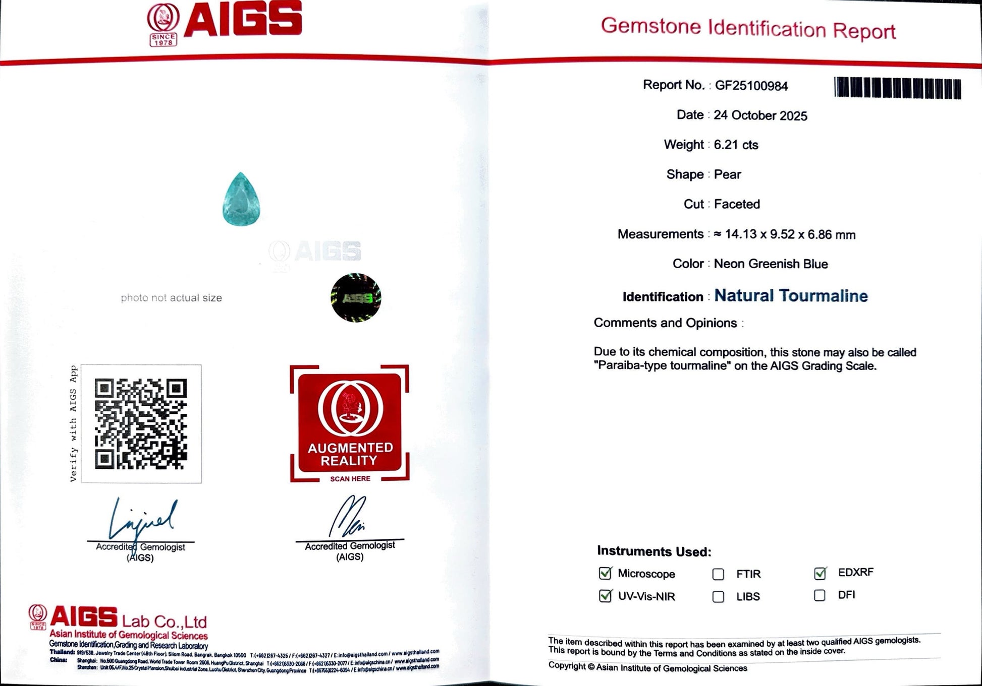 6.21 CT NEON GREENISH BLUE NATURAL PARAIBA FINE QUALITY