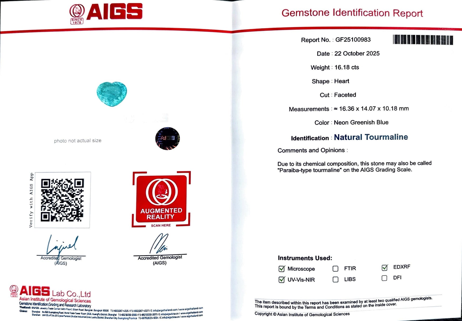 16.18 CT NEON GREENISH BLUE NATURAL PARAIBA FINE QUALITY