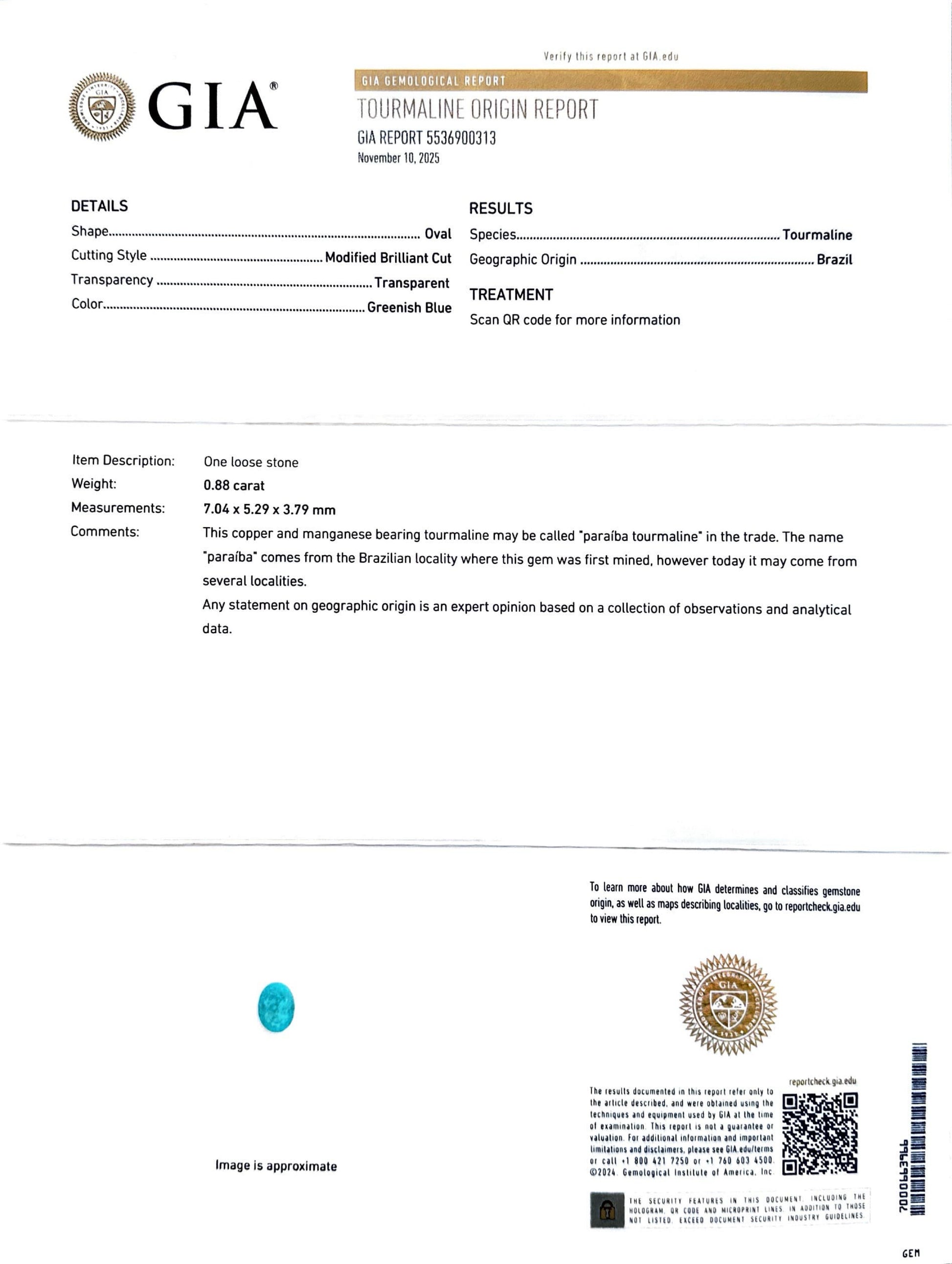 0.88 CT GREENISH BLUE BRAZIL PARAIBA TOP QUALITY